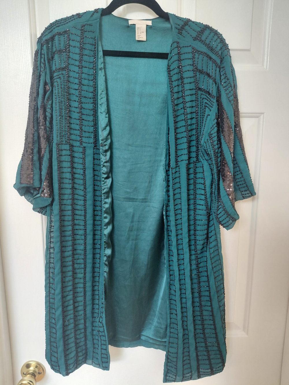H&M Teal Satin Open-Front Jacket with Black Trim